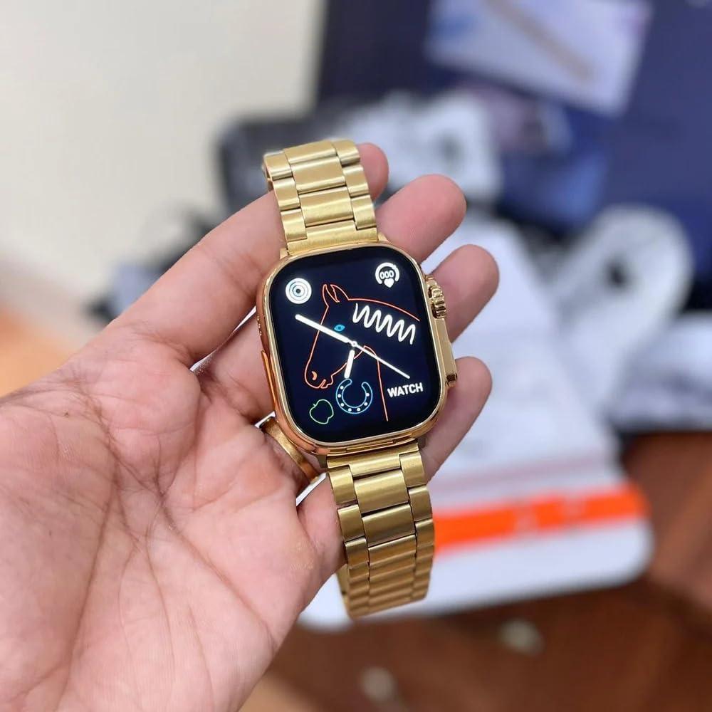 Luxury Smart Watch with Bluetooth Calling, Voice Recording, Health Tracking & Gold Metal Strap – Unisex Stylish Touch Screen Watch for Android & iOS
