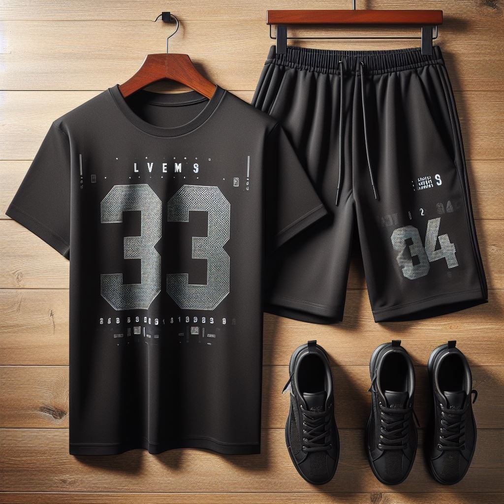 Mens Summer Shorts + T-Shirt Set - SS179 - Black Black - My Store