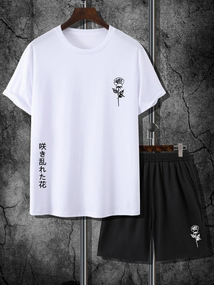 Mens Summer Shorts + T-Shirt Set - SS67 - White Black - My Store