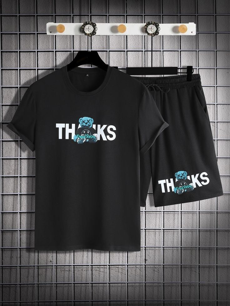 Mens Summer Shorts + T-Shirt Set - SS68 - Black Black - My Store