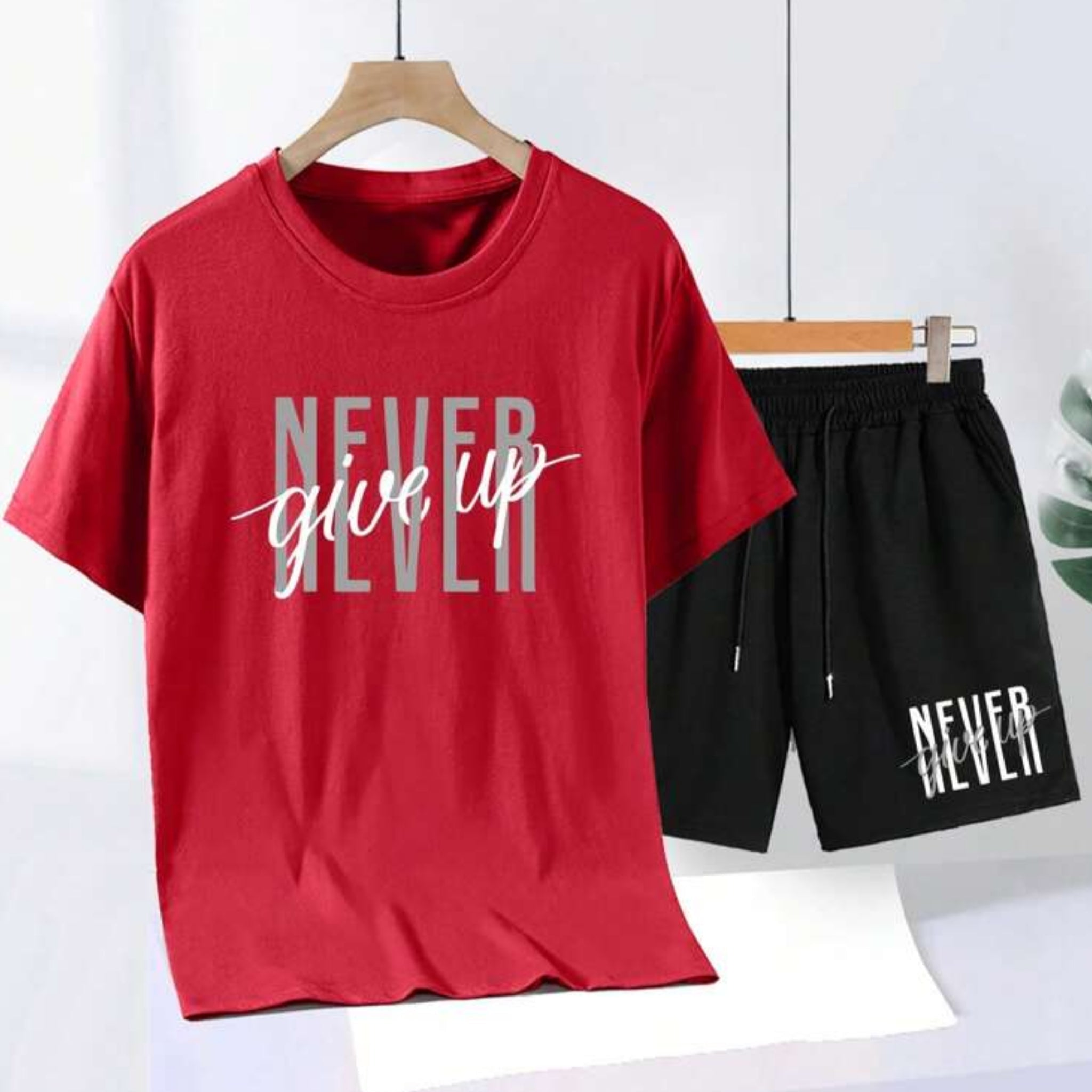 Mens Summer Shorts + T-Shirt Set - TTMSS99 - Red Black - My Store