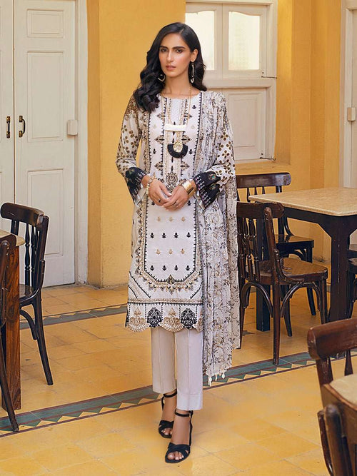 1 & Get 1 Free - Snow White  - Unstitched 3pc Digital Printed Embroidered Lawn with Chiffon Dupatta - Faustina 17622
